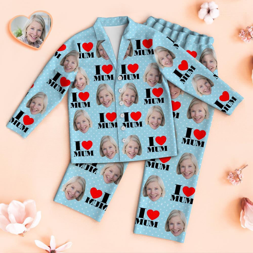 Custom Face Pyjamas I Love Mum Personalisiertes Foto Blue Pyjamas Set Muttertagsgeschenke - GesichtSocken