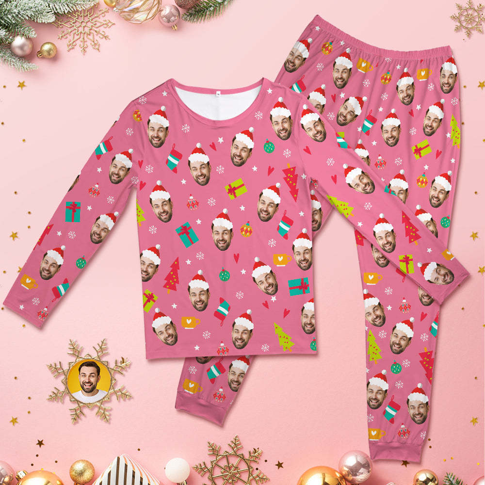 Custom Face Pink Pyjamas Personalisierter Rundhals Lustiger Weihnachtspyjama Für Frauen Und Männer - GesichtSocken