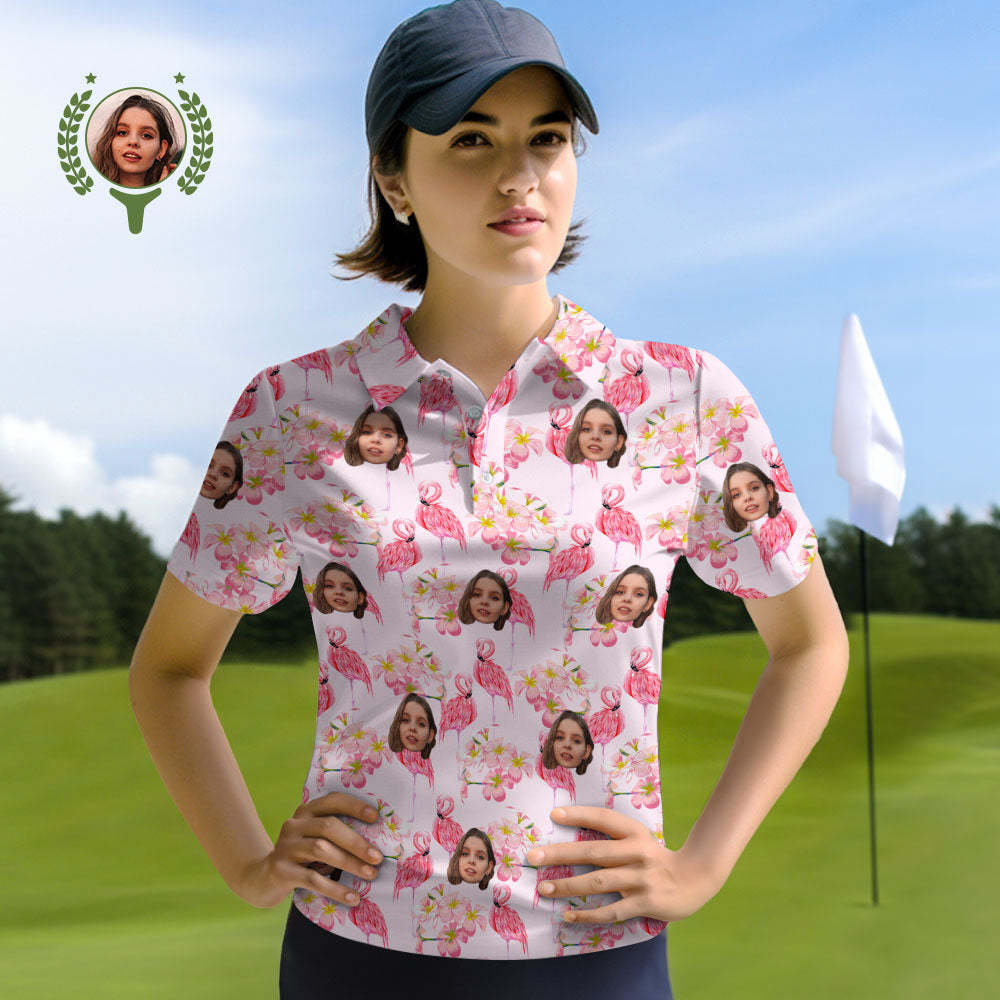 Poloshirts Für Damen Mit Individuellem Gesicht, Personalisierte Rosa Flamingo-blätter - GesichtSocken