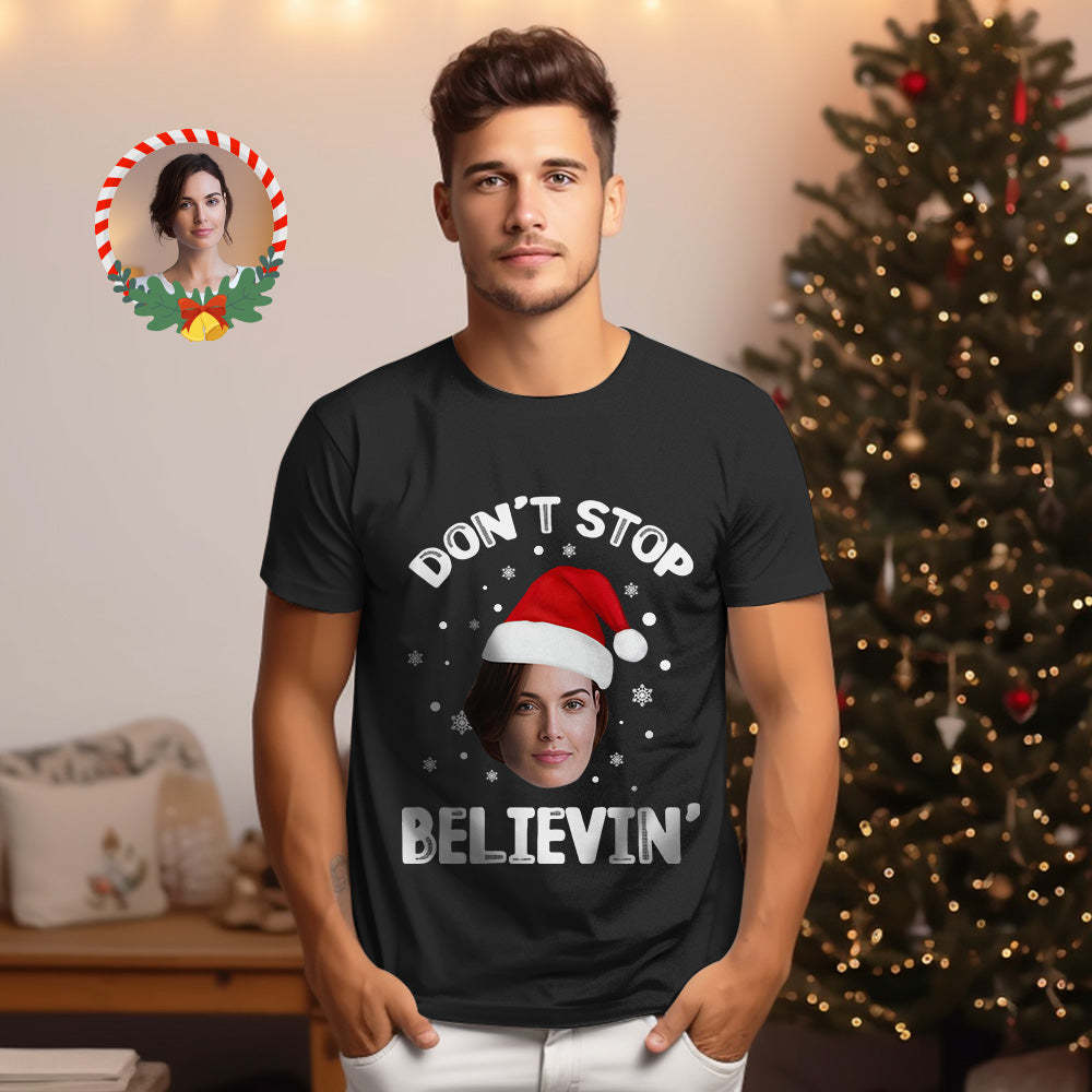 Kundenspezifisches Weihnachtsgesichts-t-shirt „don't Stop Believin Santa Claus“, Lustiges Weihnachtsfoto-t-shirt - GesichtSocken