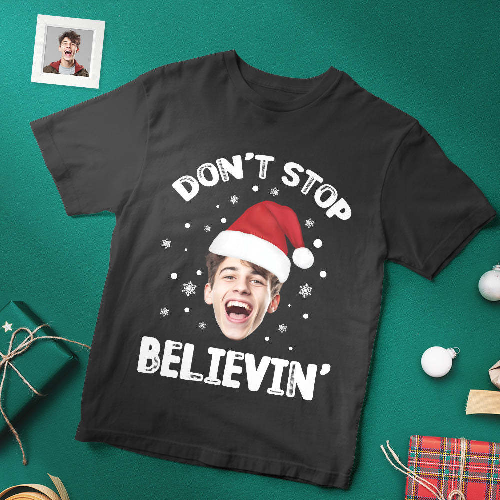 Kundenspezifisches Weihnachtsgesichts-t-shirt „don't Stop Believin Santa Claus“, Lustiges Weihnachtsfoto-t-shirt - GesichtSocken