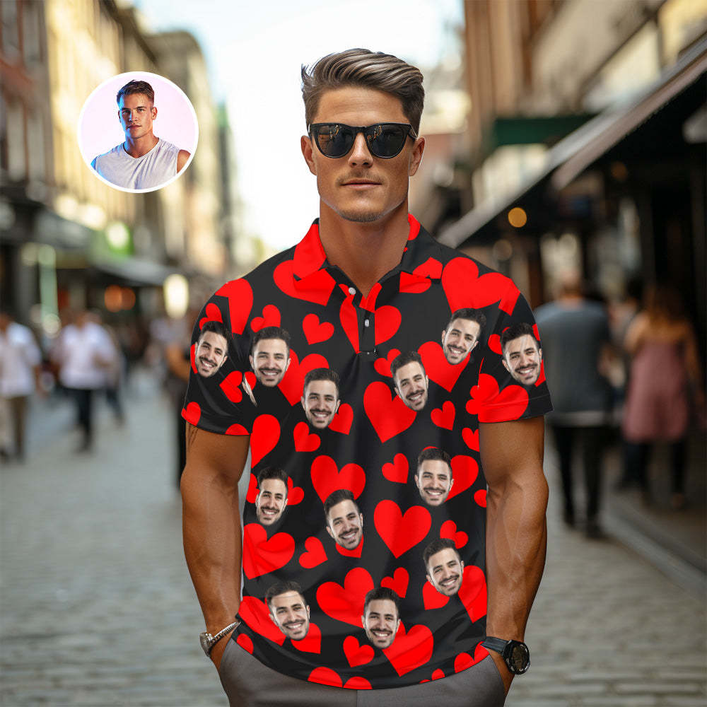 Personalisiertes Foto-vintage-poloshirt Für Herren, Personalisierte Rote Herzen, Valentinstagsgeschenke Für Paare - GesichtSocken