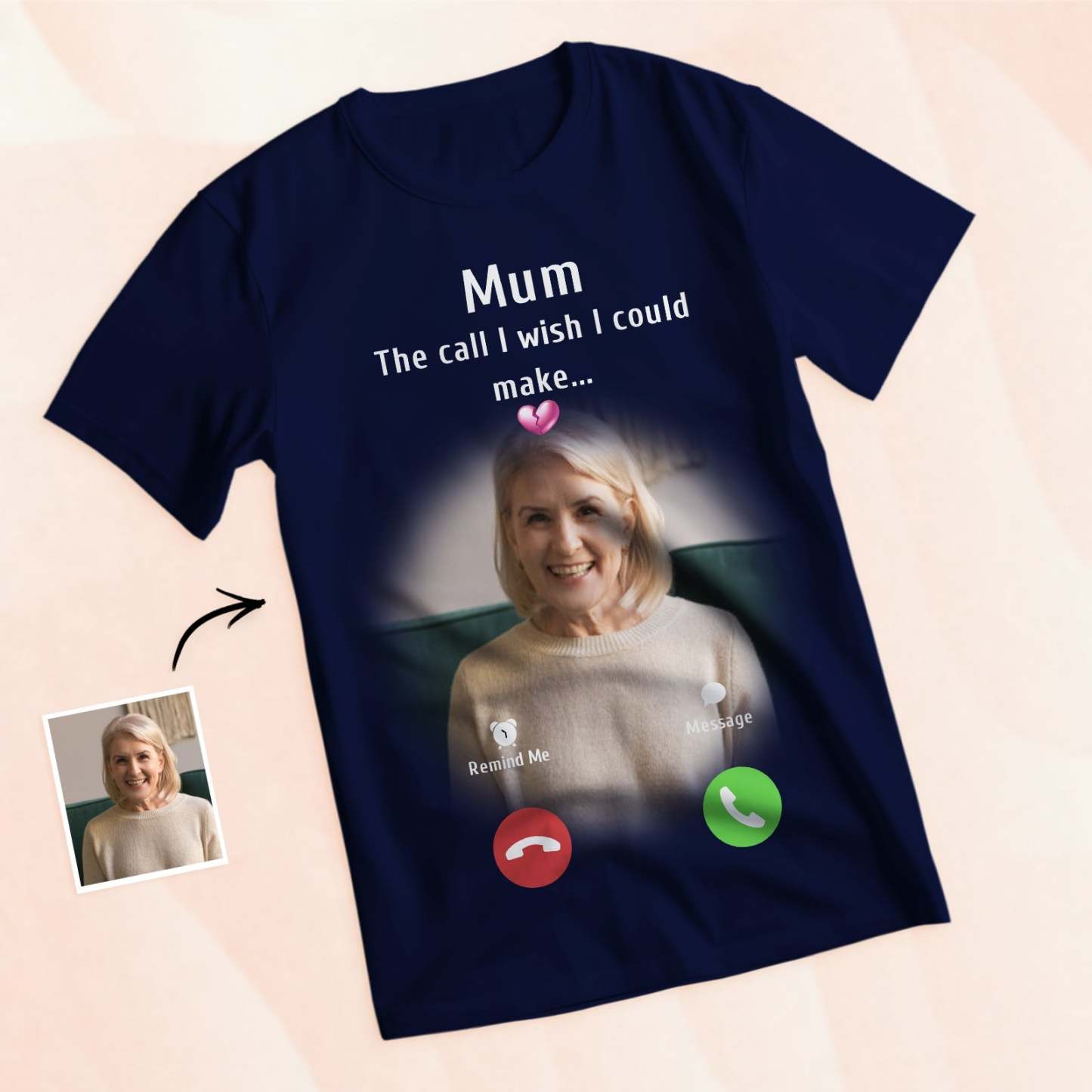 Individuelles Foto-gedenk-mutter-t-shirt, Erinnerungsgeschenk-idee, Personalisiertes T-shirt „the Call I Wish I Could Make“. - GesichtSocken