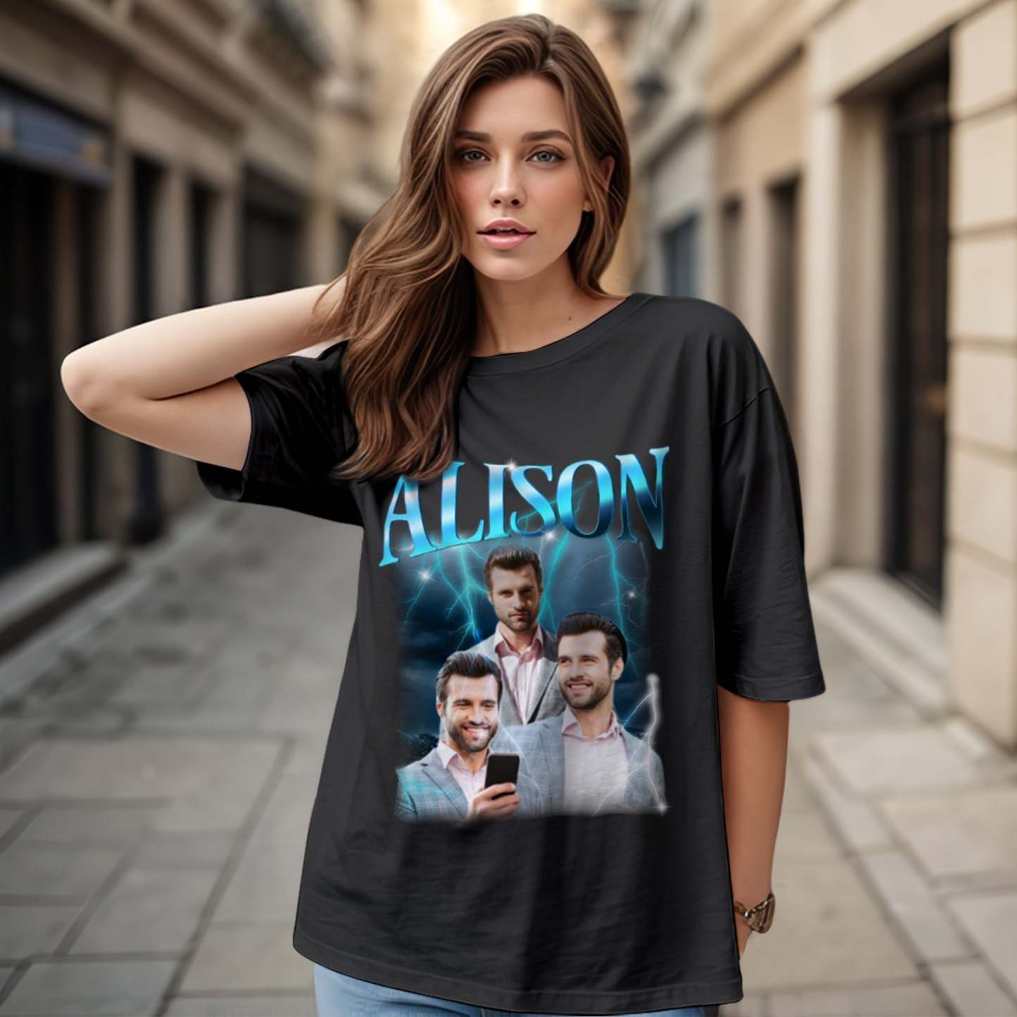 Individuelles Blitz-retro-t-shirt Mit Foto Und Namen, Besonderes Geschenk Für Paare - GesichtSocken