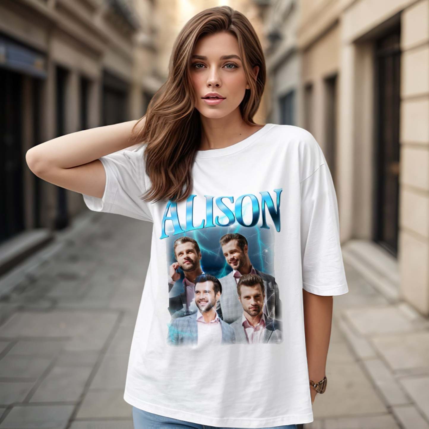 Individuelles Blitz-retro-t-shirt Mit Foto Und Namen, Besonderes Geschenk Für Paare - GesichtSocken
