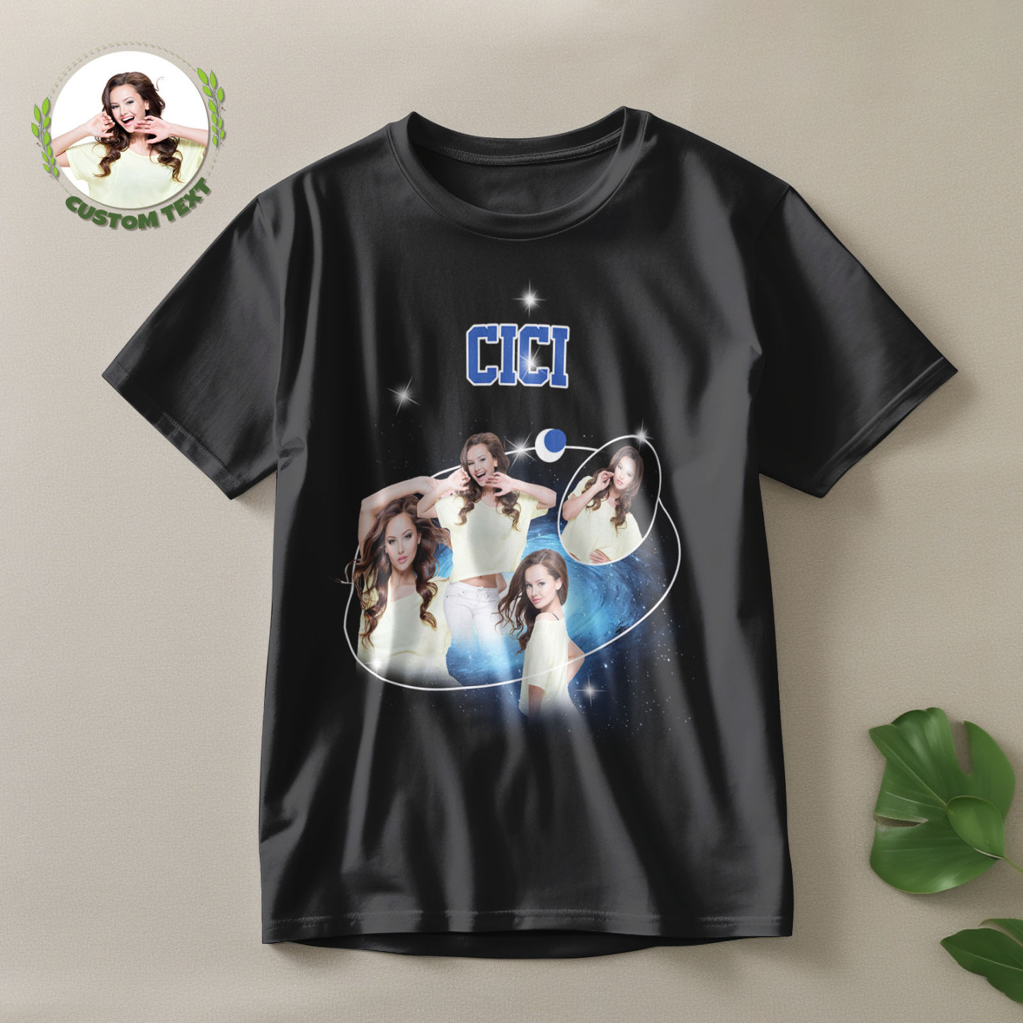 Benutzerdefiniertes Foto Und Name Vintage T-shirt Cosmic Galaxy Und Crescent Moon Vintage T-shirt Geschenk Für Frauen - GesichtSocken