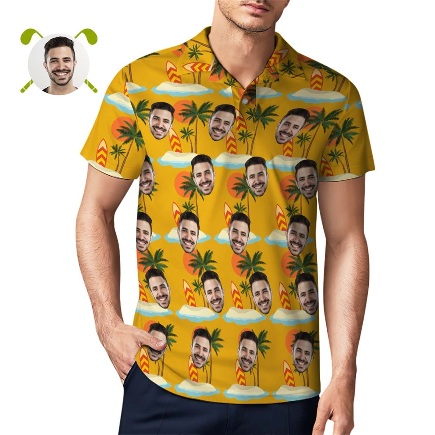 Benutzerdefiniertes Gesichts-poloshirt Für Männer, Kokosnussbaum-strandhemd, Hawaiianische Golf-shirts - MyFaceSocksDE