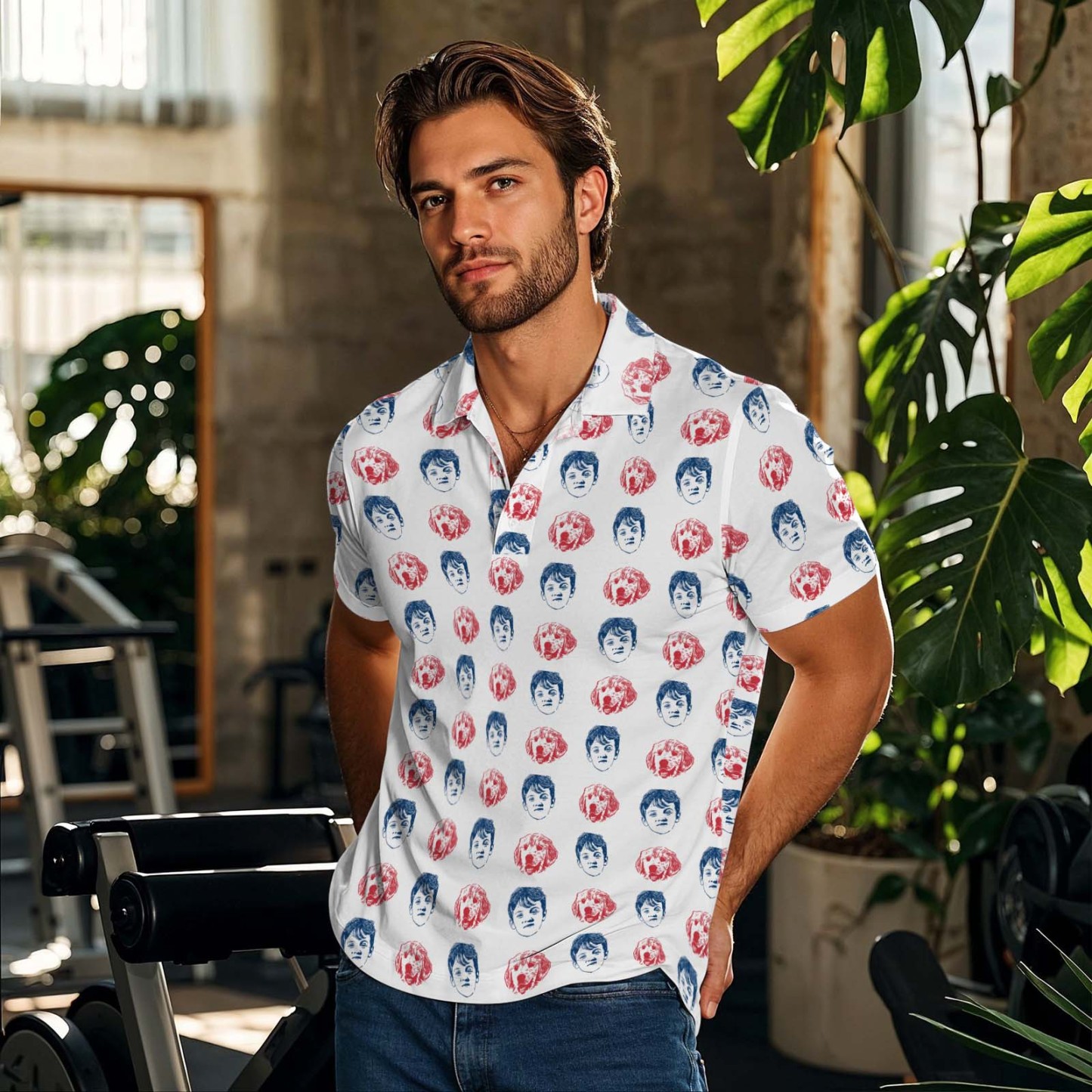 Benutzerdefinierte Gesicht Poloshirt Für Golfer Gesicht Auf Shirt Geschenke Für Ehemann Personalisierte Grüne Palmblätter Kurzarm Golf Shirt - MyFaceSocksDE