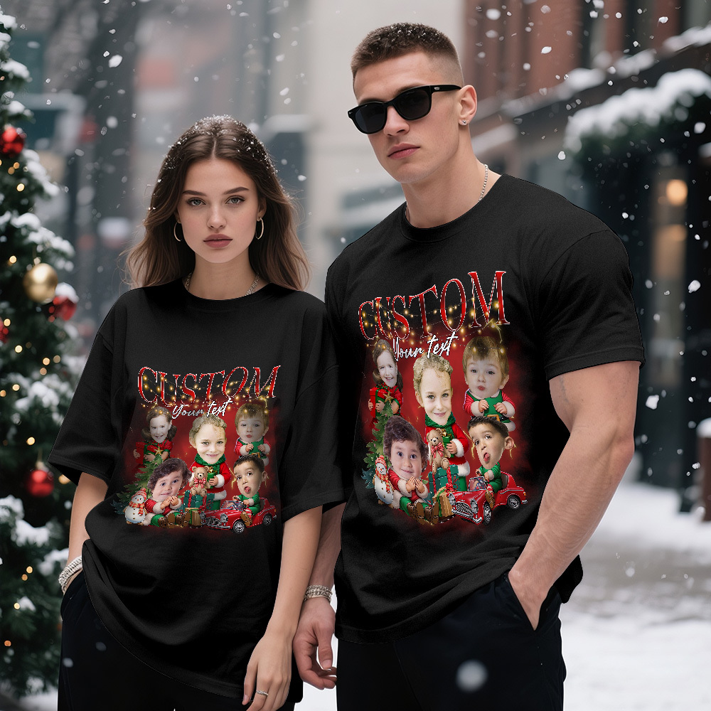 Personalisiertes Weihnachtsmann-foto-t-shirt, Retro-weihnachtsshirt, Süßes Weihnachtsshirt Für Kinder, Lustiges Personalisiertes Weihnachtsgeschenk Für Paare Und Freunde - MyFaceSocksDE