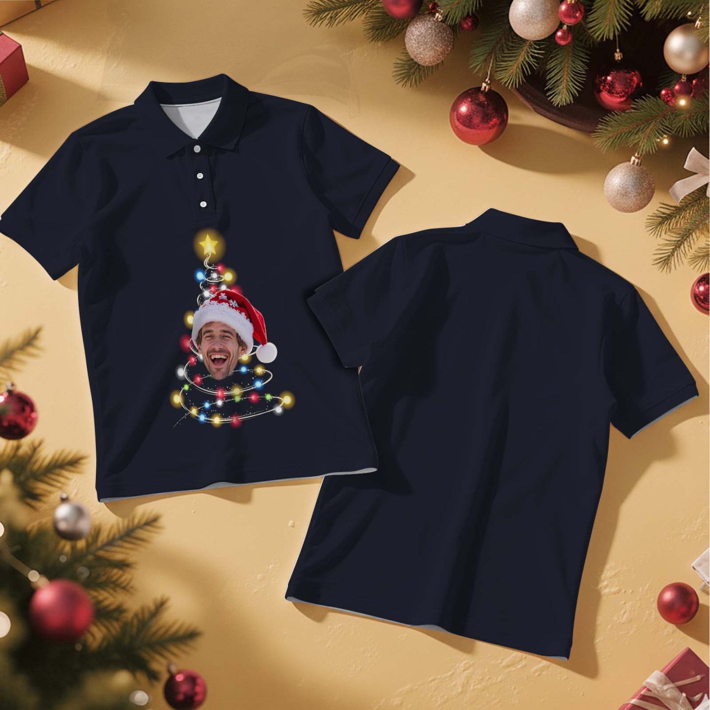 Personalisiertes Weihnachtslichter-poloshirt, Festliches Weihnachtspolo Für Herren, Individuelles Weihnachtslichter-poloshirt Mit Individuellem Gesicht - MyFaceSocksDE