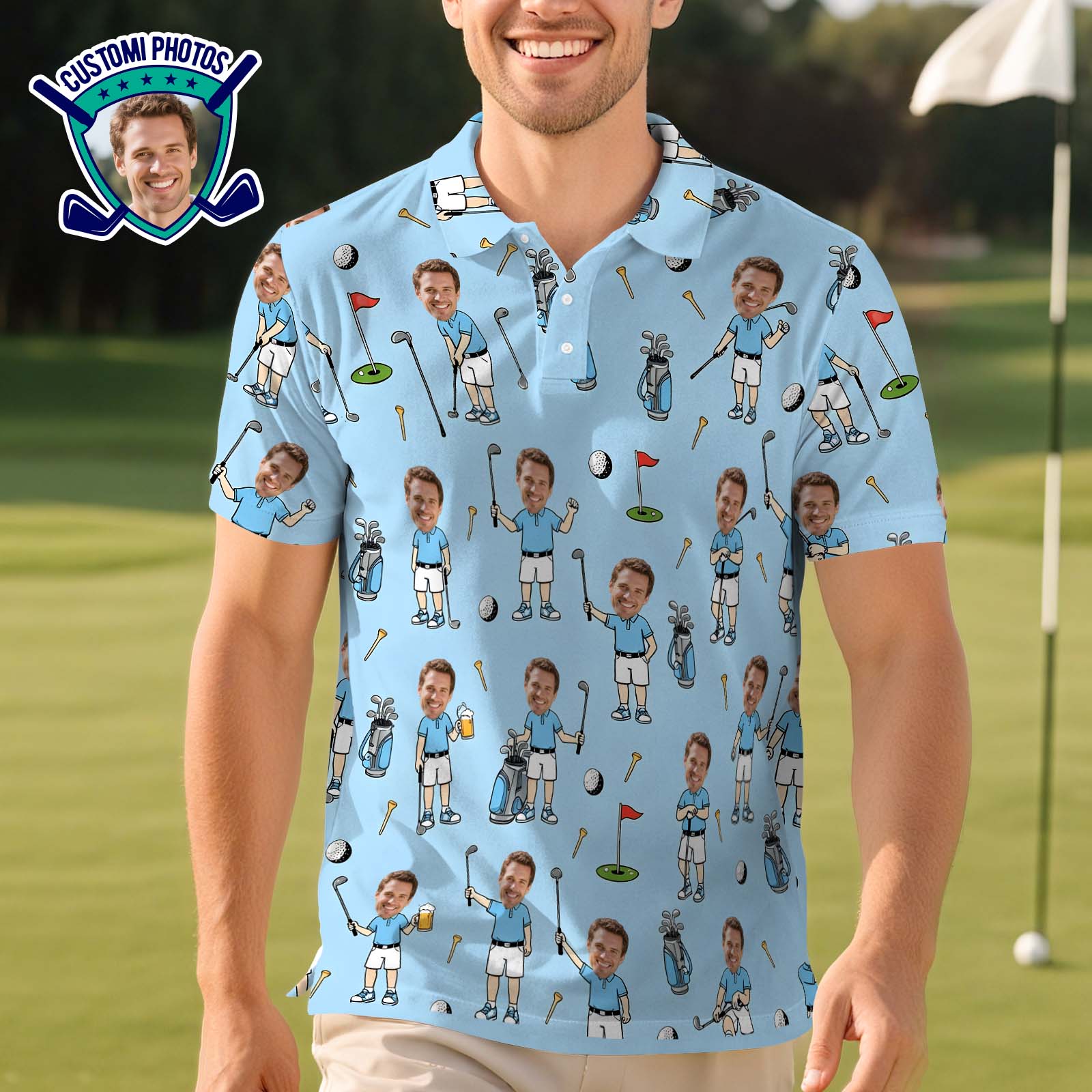 Personalisiertes Gesichtsfoto-Golf-Poloshirt, Vatertagsgeschenke, Lustiges Poloshirt Für Golfer, Individuelles Gesichtsfoto-Poloshirt, Foto-Golf-Poloshirt