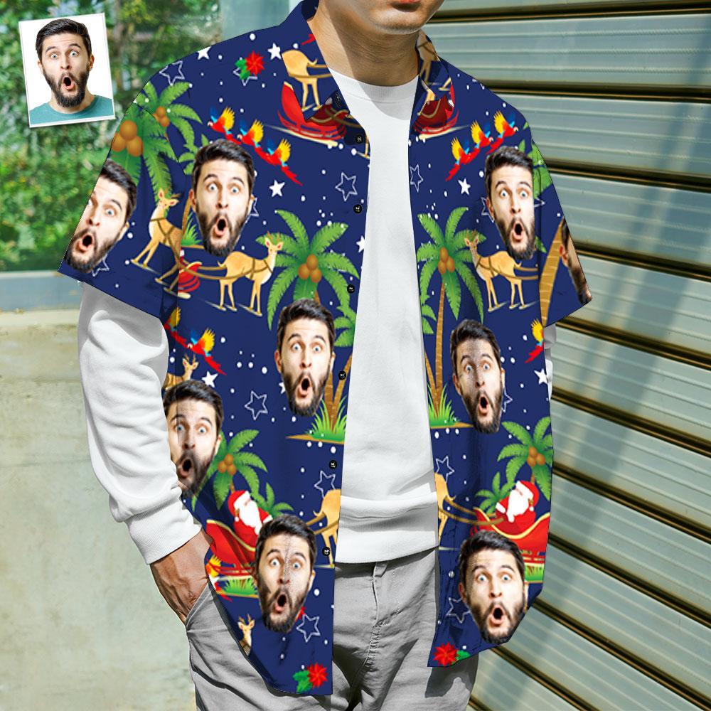 Custom Face Shirt Personalisiertes Foto Herren Hawaiihemd Weihnachtsgeschenk - Weihnachtsmann Und Elch - GesichtSocken