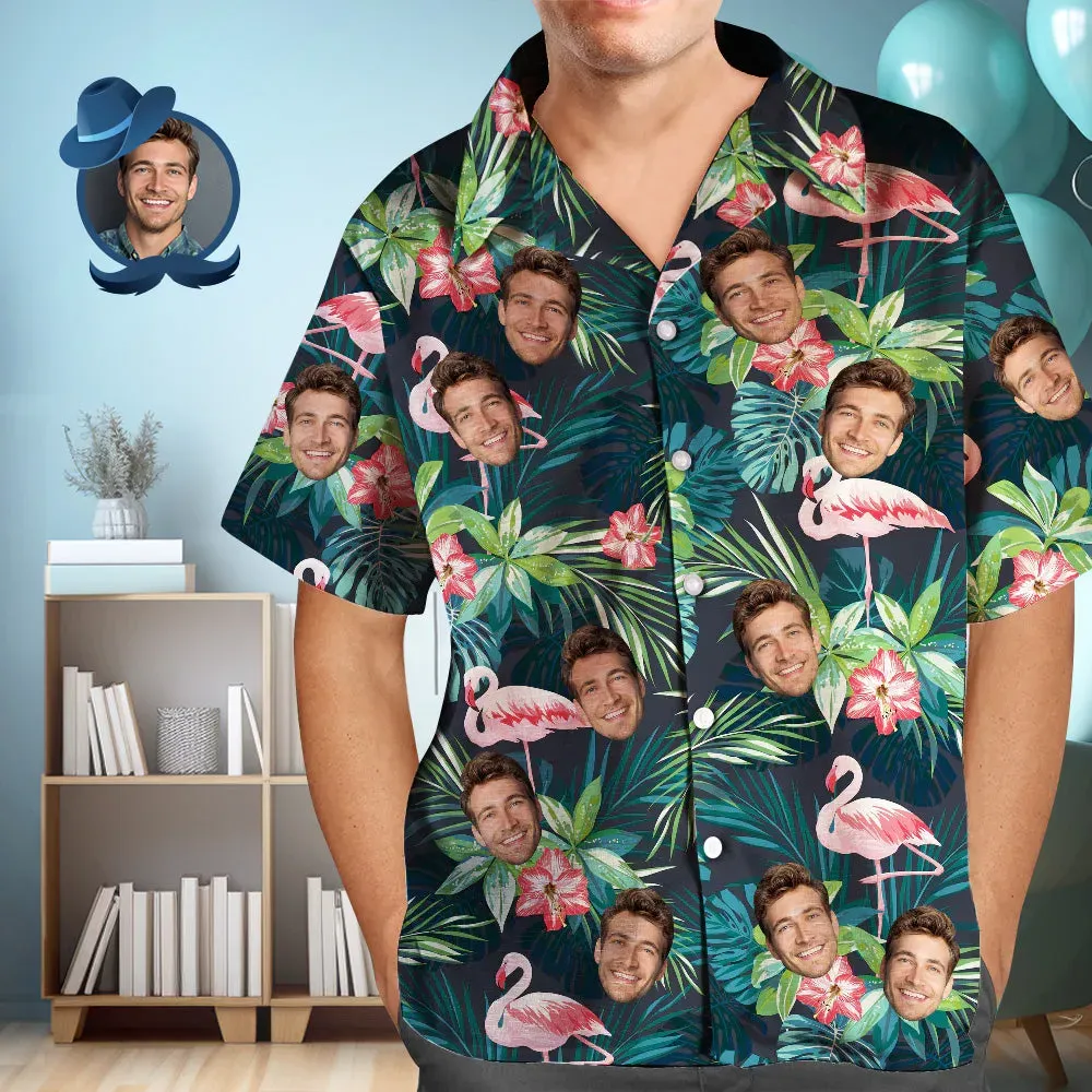 Gesicht Auf Shirts Kundenspezifisches Hawaiihemd Mit Gesichtsblättern & Flamingo Vatertagshemd Geschenk Für Papa