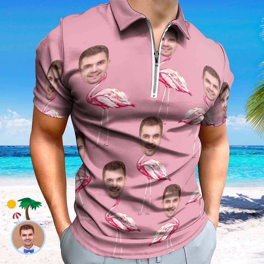 Das Polo-shirt Der Kundenspezifischen Rosa Flamingo-männer Personalisiertes Gesicht Lustiges Polo-shirt Mit Reißverschluss - GesichtSocken
