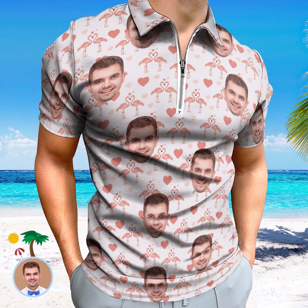 Das Polo-shirt Der Kundenspezifischen Flamingo-liebes-männer Personalisiertes Gesicht Lustiges Polo-shirt Mit Reißverschluss - GesichtSocken