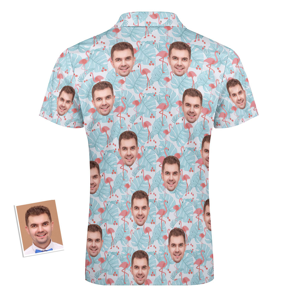 Das Polo-shirt Der Kundenspezifischen Flamingo-blauen Blumenmänner Personalisiertes Gesicht Lustiges Polo-shirt Mit Reißverschluss - GesichtSocken