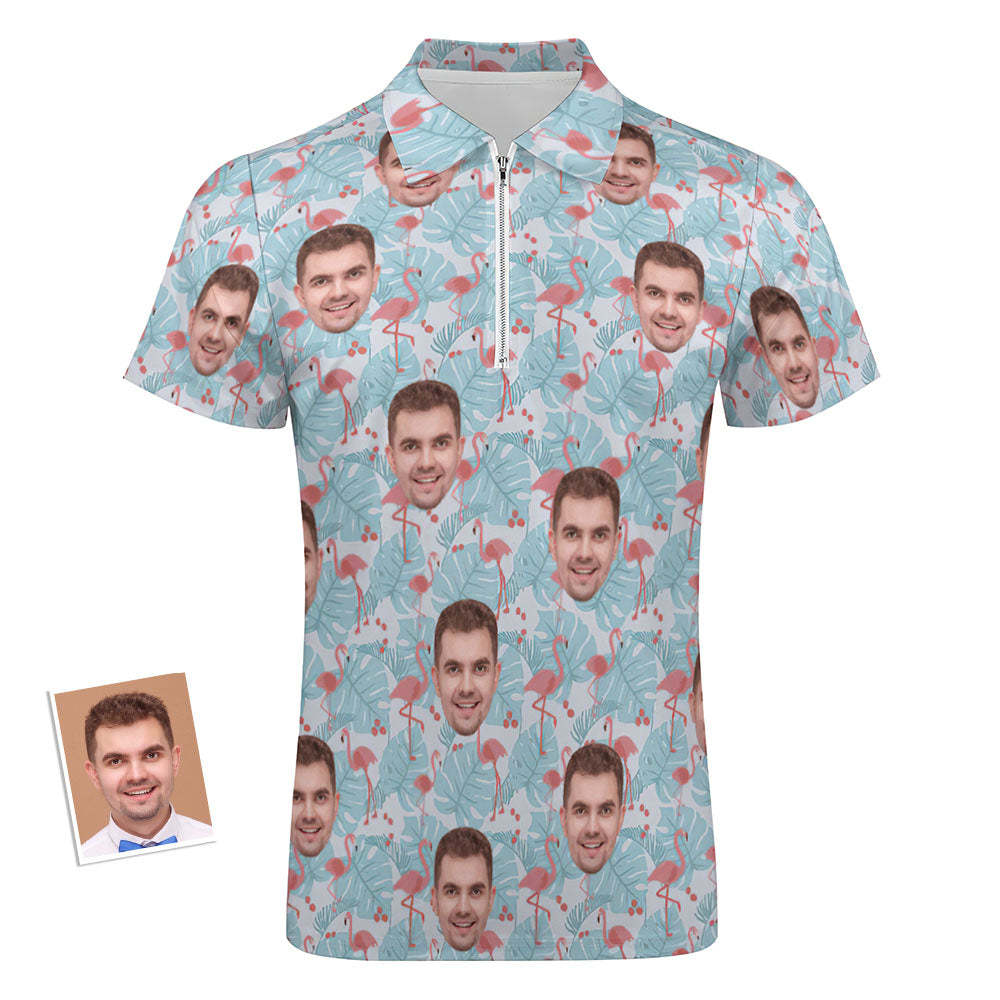 Das Polo-shirt Der Kundenspezifischen Flamingo-blauen Blumenmänner Personalisiertes Gesicht Lustiges Polo-shirt Mit Reißverschluss - GesichtSocken