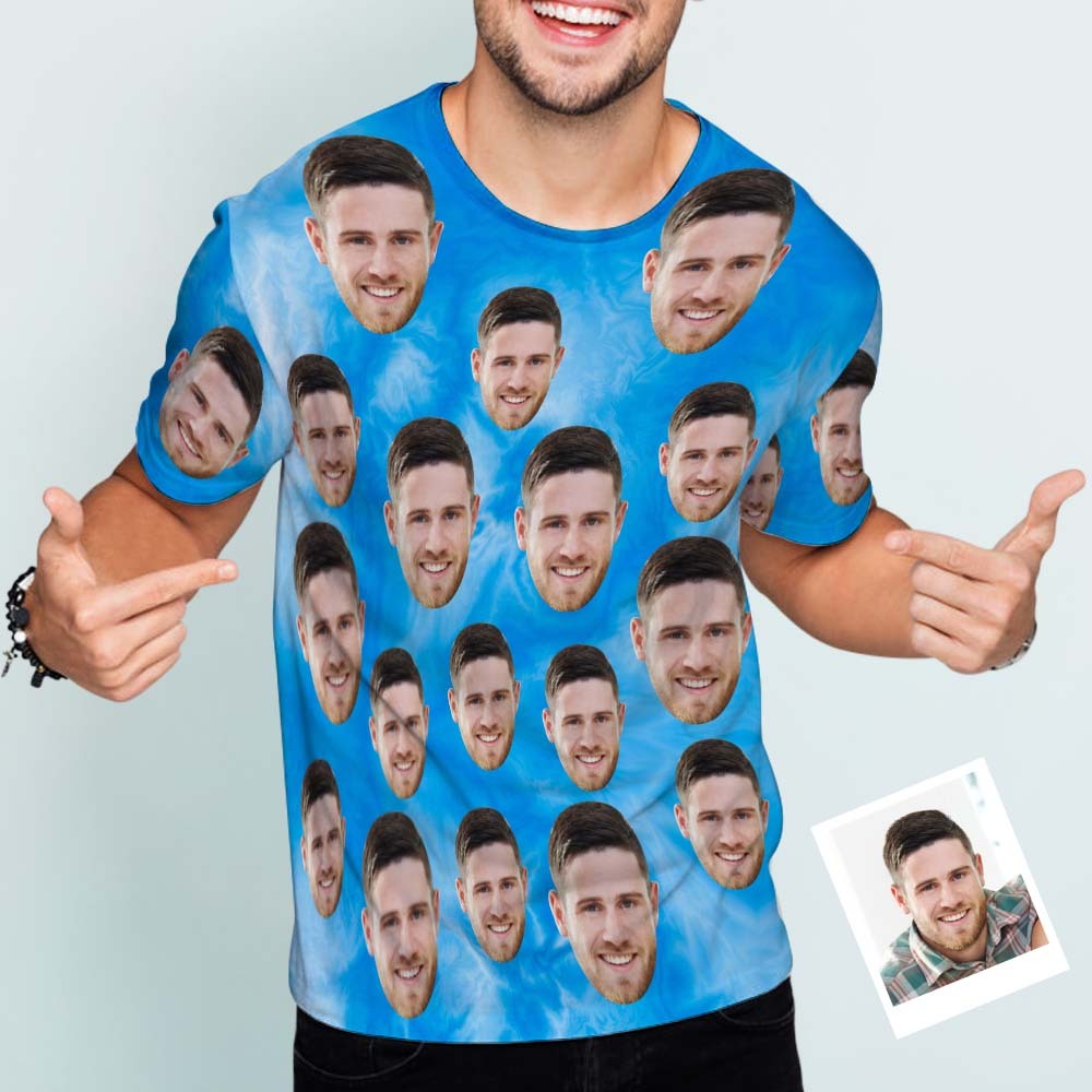 Benutzerdefiniertes Gesicht Herren-t-shirt, Personalisiertes Foto, Lustiges Batik-t-shirt, Geschenk Für Männer, Blau - GesichtSocken