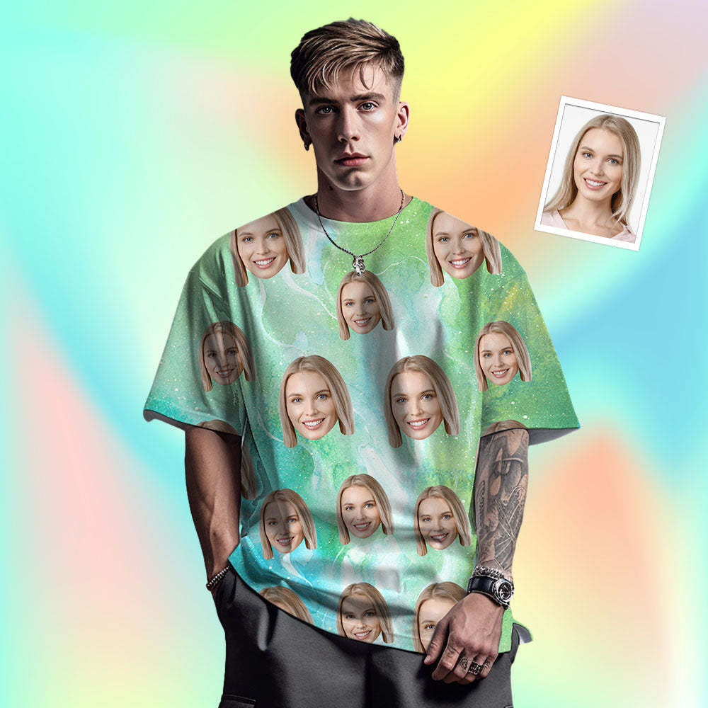 Benutzerdefiniertes Gesicht Herren-t-shirt, Personalisiertes Foto, Lustiges Farbtinten-t-shirt In Grüner Farbe - GesichtSocken