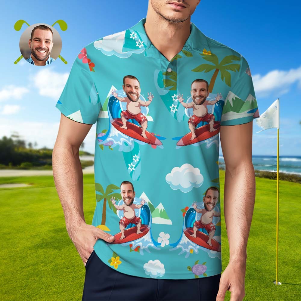 Individuelles Poloshirt, Hawaiianisches Golf-poloshirt, Aloha-sommershirt, Fröhliches Surfen Für Ihn - GesichtSocken