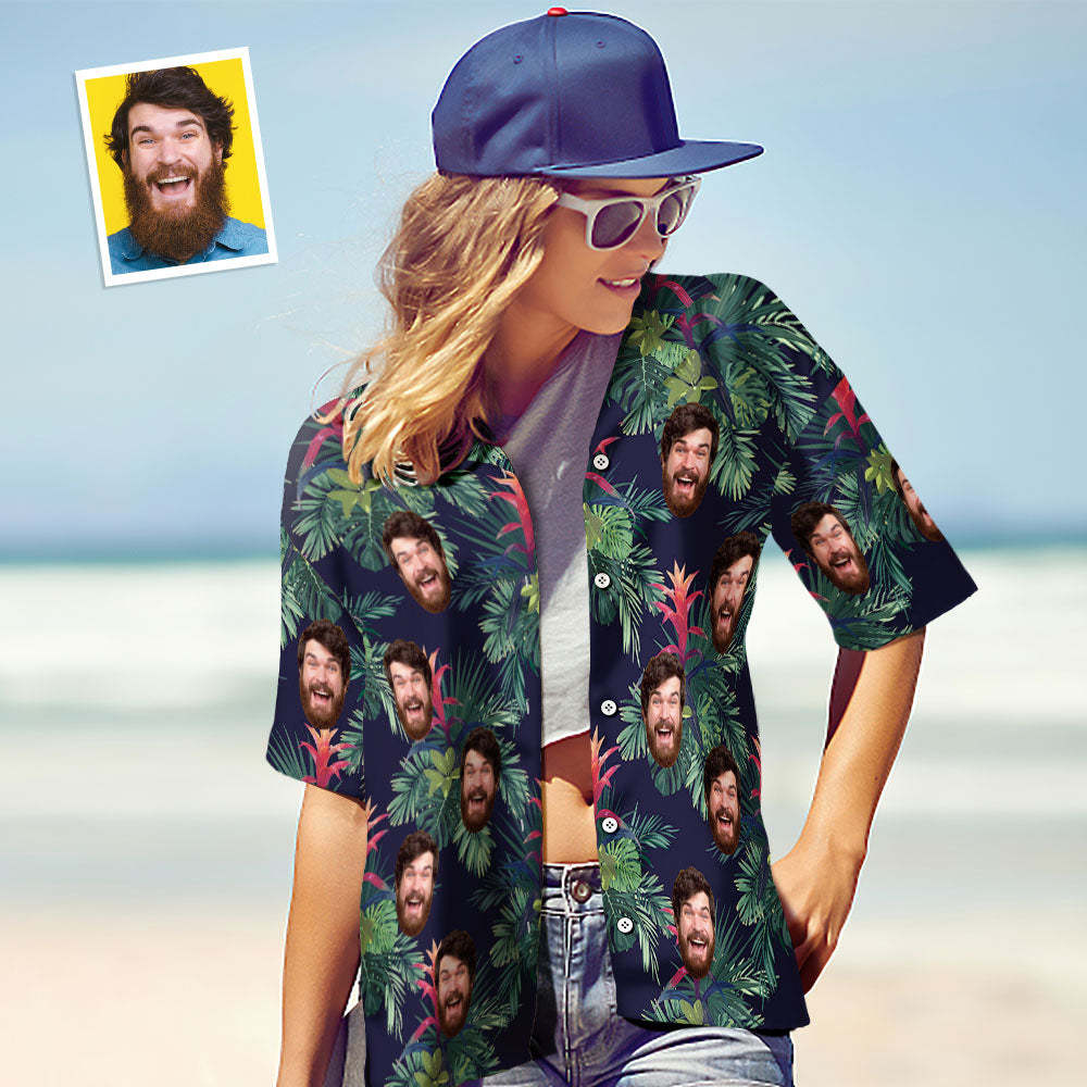 Benutzerdefiniertes Gesichtsshirt, Personalisiertes Foto, Hawaiihemd Für Damen, Geschenk – Grüne Blätter - GesichtSocken