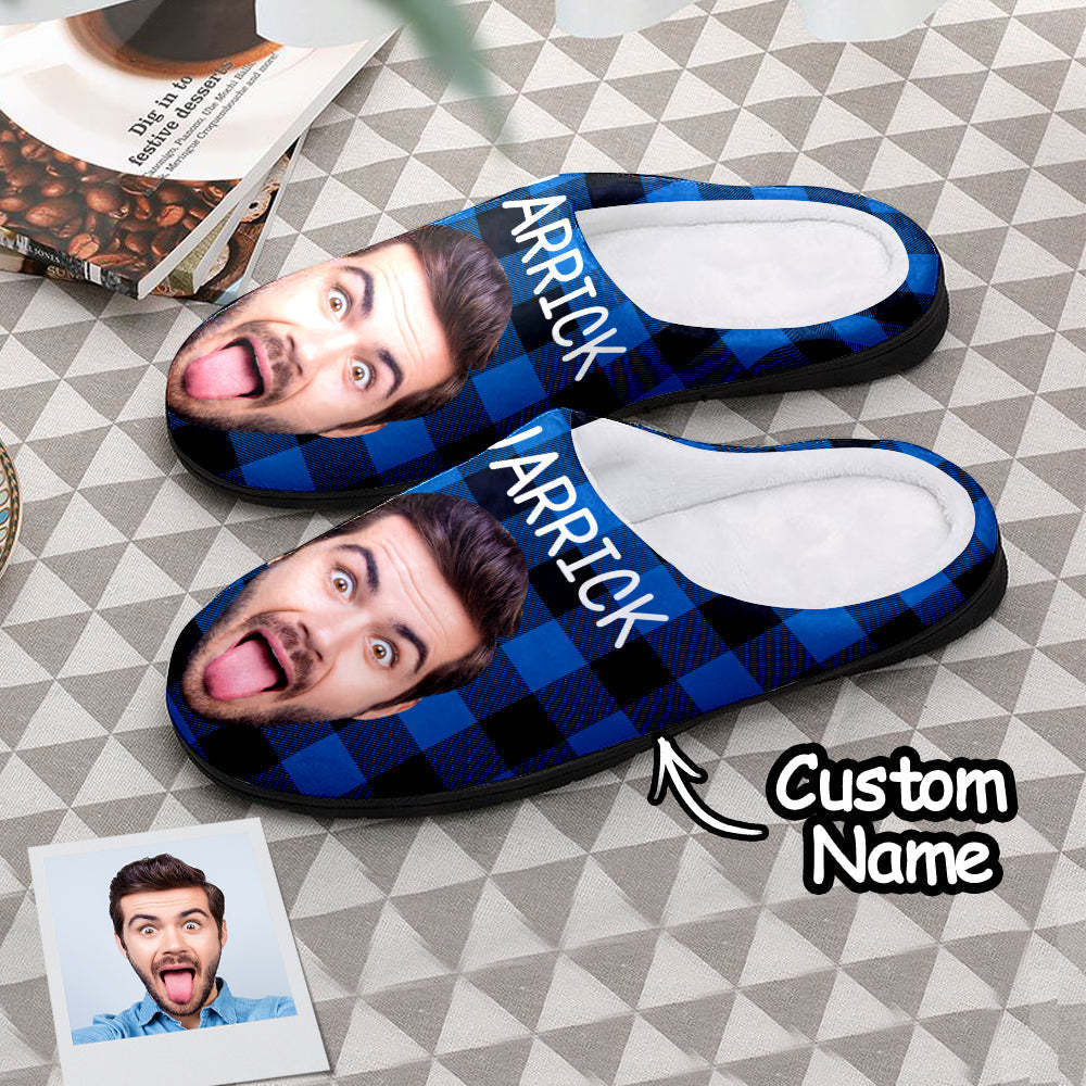 Personalisierte Foto-hausschuhe Für Damen Und Herren, Personalisierbar, Lässige Hausschuhe Aus Baumwolle, Weihnachtsgeschenk, Haustier, Katze, Blau - GesichtSocken