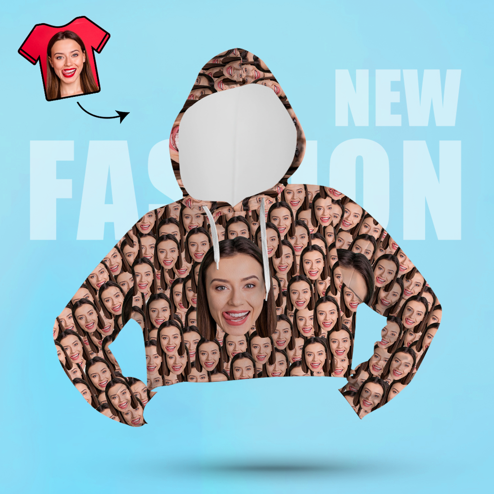 Custom Face Kurzer Hoodie Für Damen Lässig Bedruckter Foto-pullover – Großes Gesicht - GesichtSocken