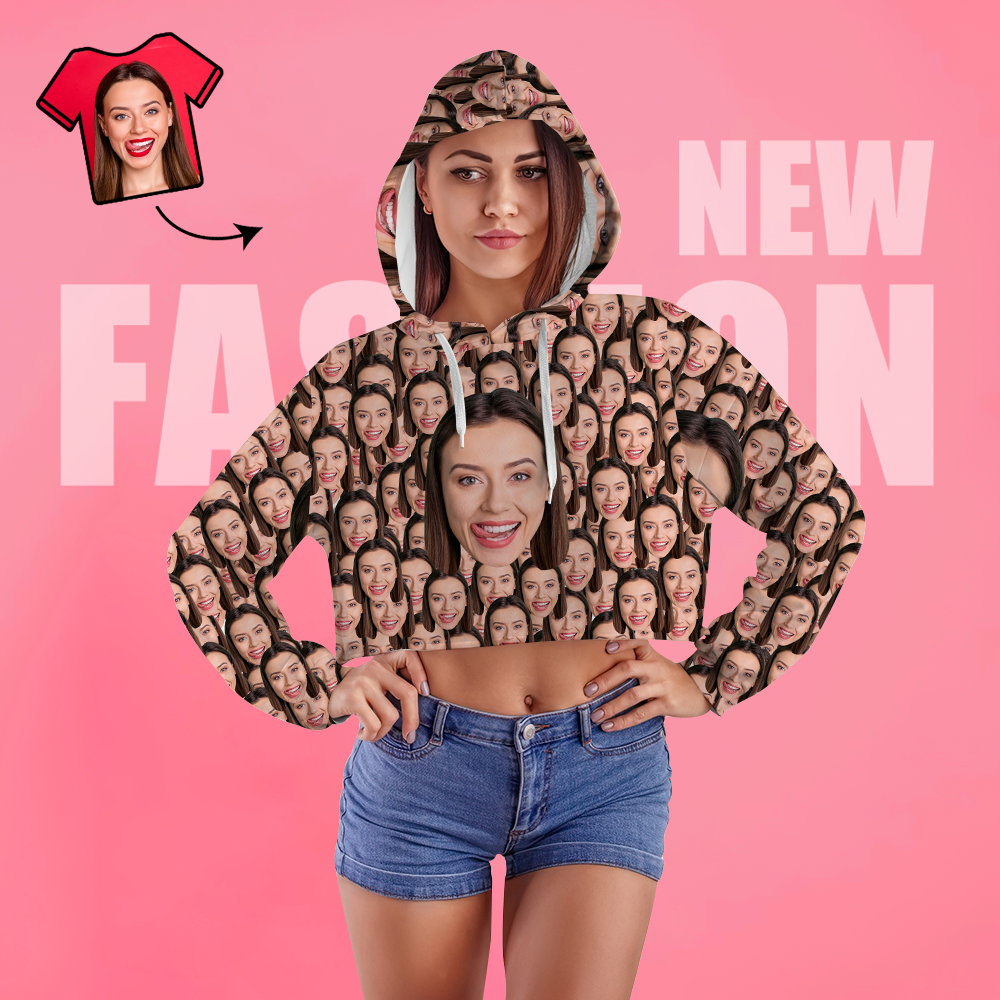 Custom Face Kurzer Hoodie Für Damen Lässig Bedruckter Foto-pullover – Großes Gesicht - GesichtSocken