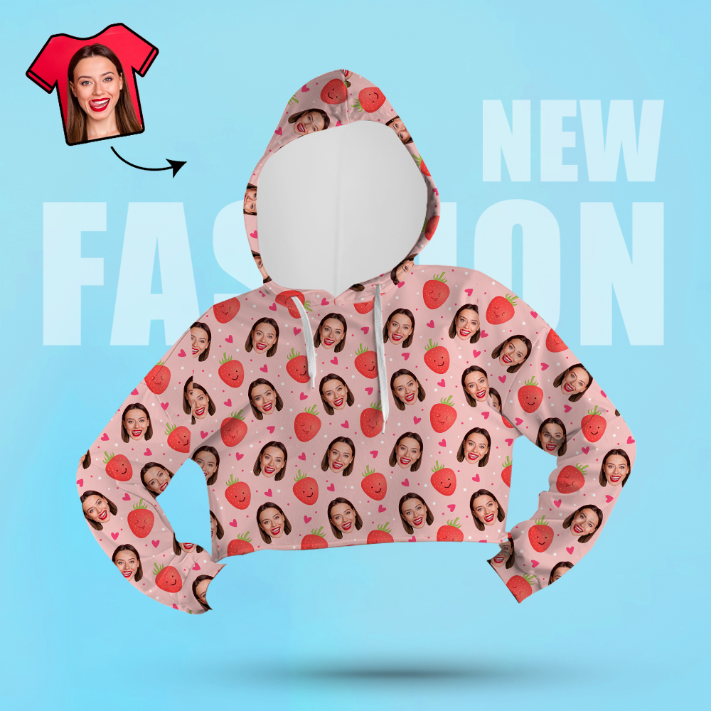 Custom Face Damen Cropped Hoodie Lässig Bedruckter Foto-weiß-pullover – Erdbeere - GesichtSocken