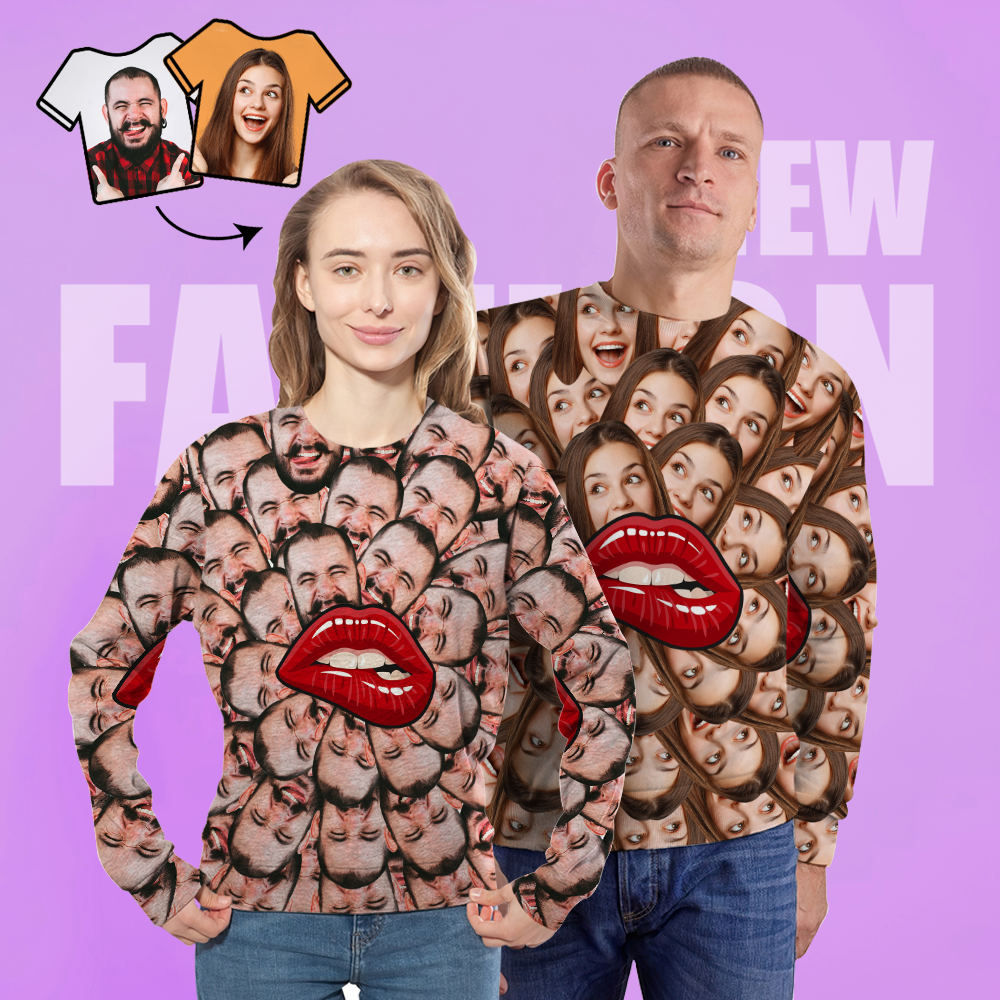 Custom Face Unisex-sweatshirt Lässig Bedrucktes Foto-langarm-shirt Für Männer Und Frauen - Lippen - GesichtSocken