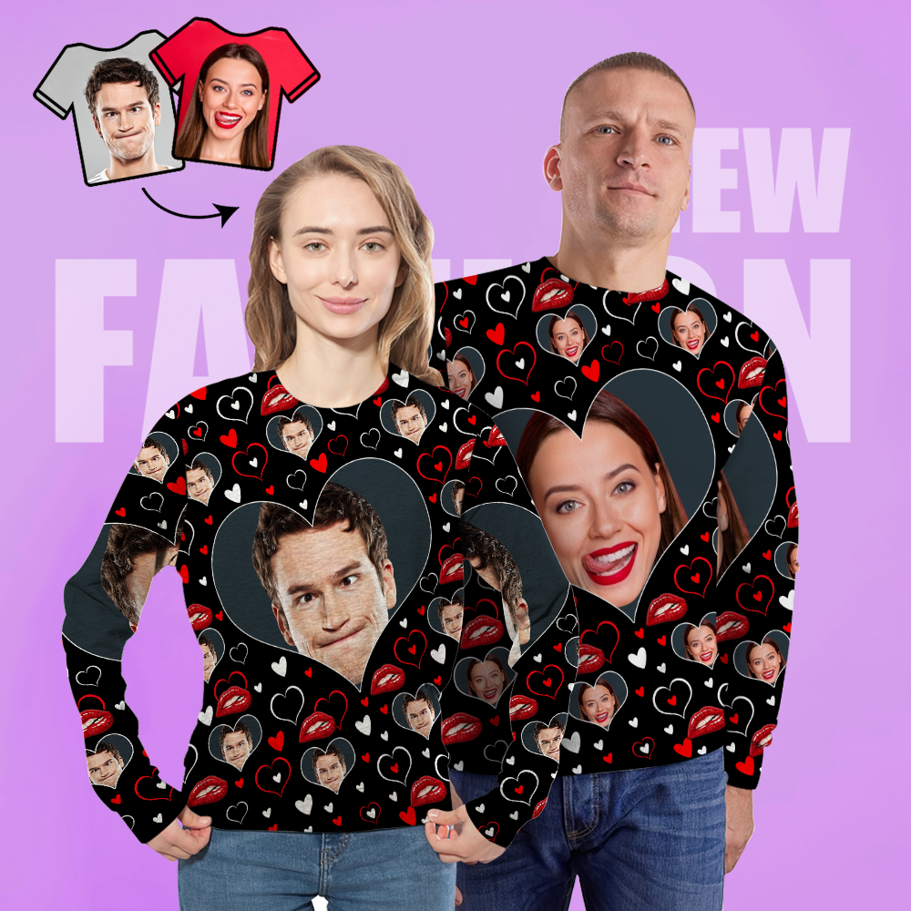 Custom Face Unisex-sweatshirt Lässig Bedrucktes Foto Schwarzes Rundhalshemd Für Männer Und Frauen - Herz - GesichtSocken