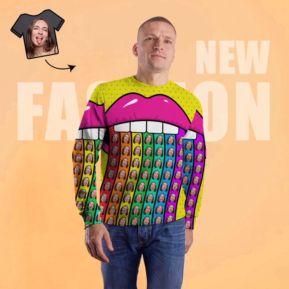 Custom Face Unisex-sweatshirt Lässig Bedrucktes Foto-shirt Mit Rundhalsausschnitt Für Männer Und Frauen – Regenbogenlippen - GesichtSocken