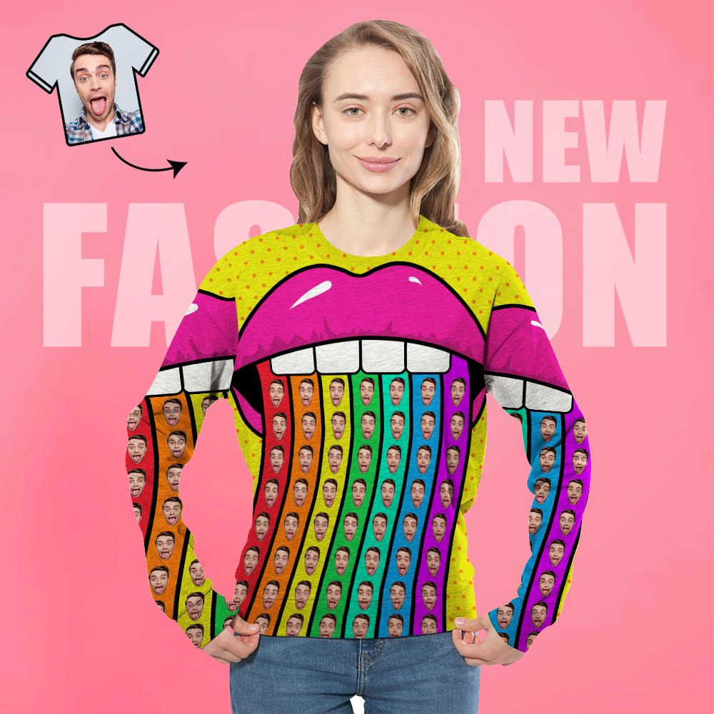 Custom Face Unisex-sweatshirt Lässig Bedrucktes Foto-shirt Mit Rundhalsausschnitt Für Männer Und Frauen – Regenbogenlippen - GesichtSocken