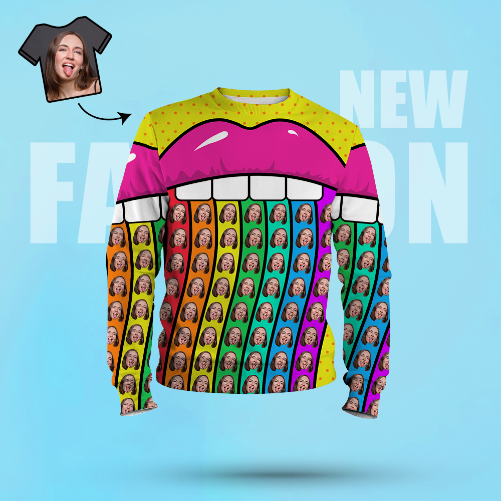 Custom Face Unisex-sweatshirt Lässig Bedrucktes Foto-shirt Mit Rundhalsausschnitt Für Männer Und Frauen – Regenbogenlippen - GesichtSocken