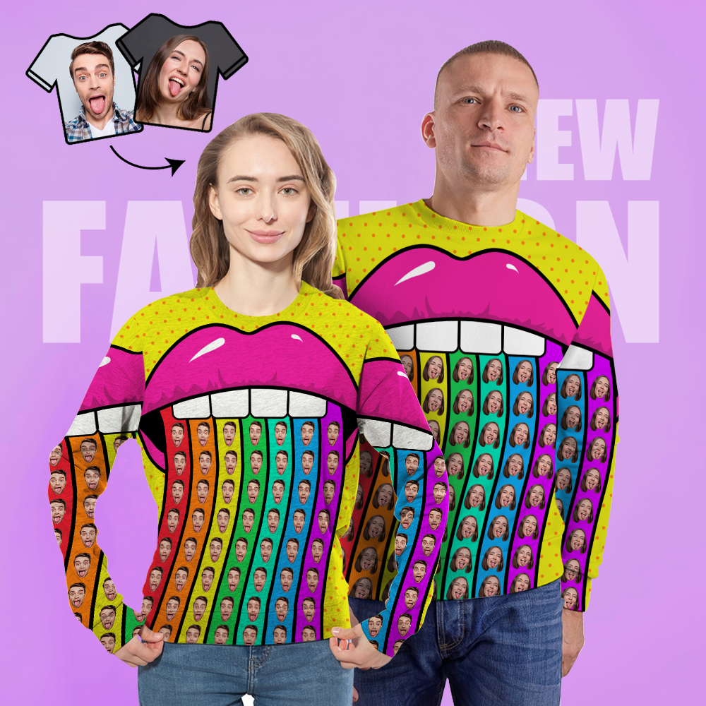 Custom Face Unisex-sweatshirt Lässig Bedrucktes Foto-shirt Mit Rundhalsausschnitt Für Männer Und Frauen – Regenbogenlippen - GesichtSocken