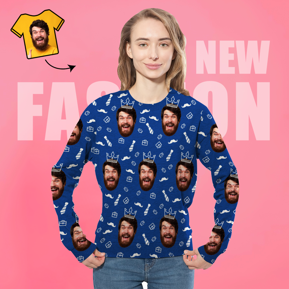 Custom Face Unisex-sweatshirt Lässig Bedrucktes Foto Blaues Rundhals-shirt Für Männer Und Frauen – Happy Father - GesichtSocken