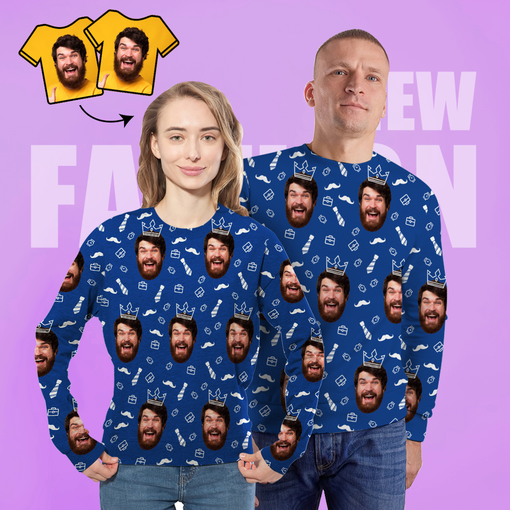 Custom Face Unisex-sweatshirt Lässig Bedrucktes Foto Blaues Rundhals-shirt Für Männer Und Frauen – Happy Father - GesichtSocken