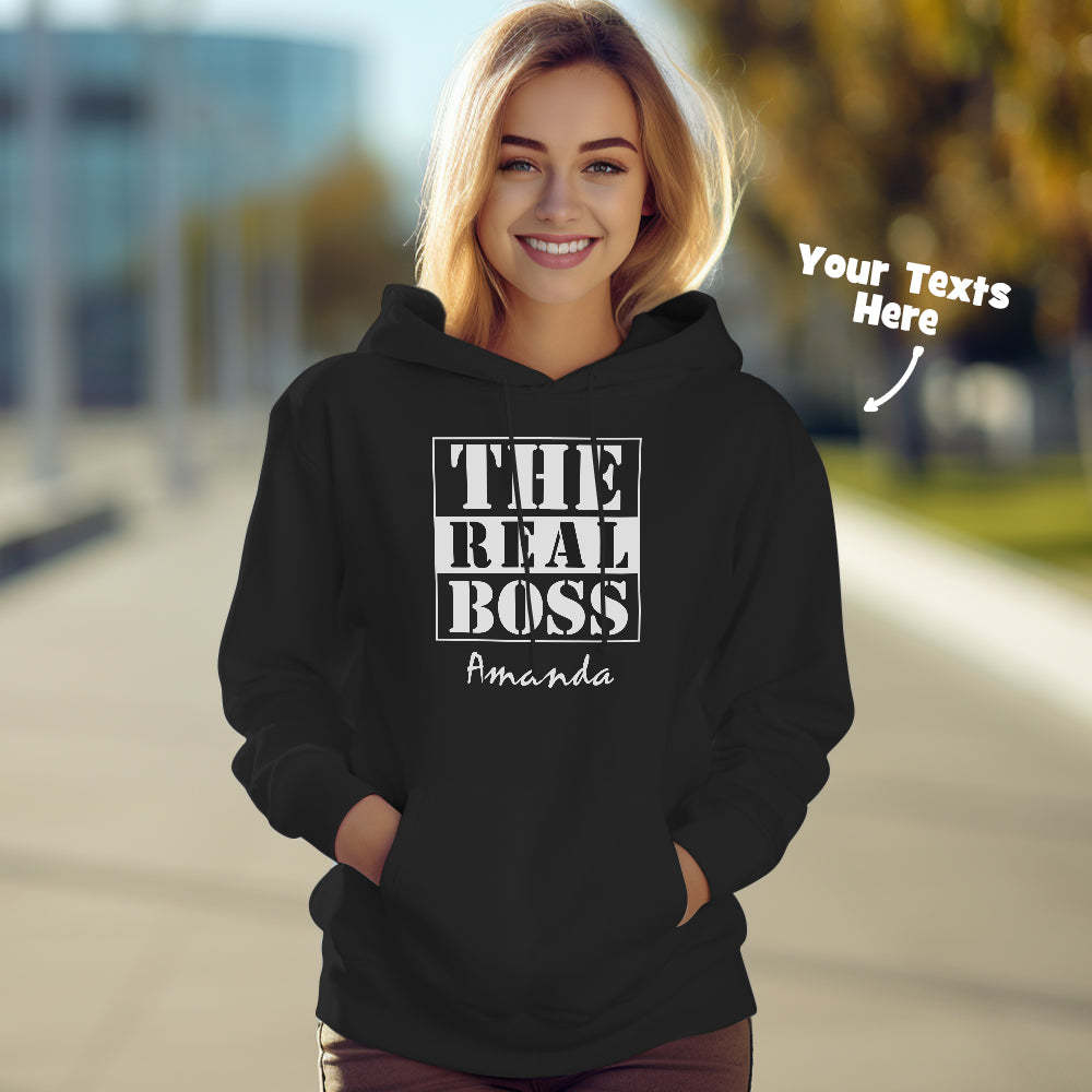 Passende Kapuzenpullover Für Paare Mit Individuellem Text The Real Boss Personalisierter Kapuzenpullover Als Valentinstagsgeschenk - GesichtSocken