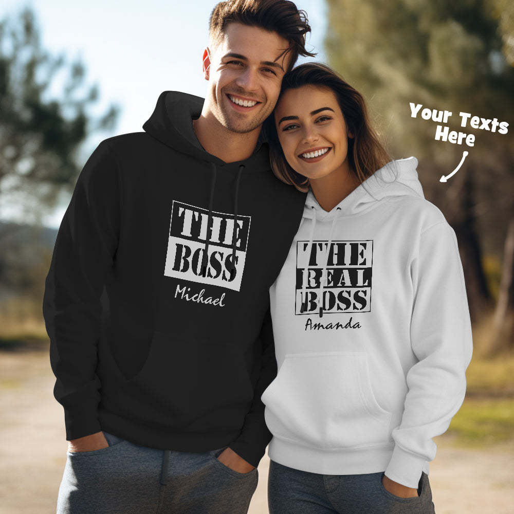 Passende Kapuzenpullover Für Paare Mit Individuellem Text The Real Boss Personalisierter Kapuzenpullover Als Valentinstagsgeschenk - GesichtSocken