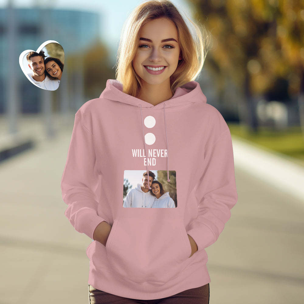 Personalisiertes Foto-lustiges Paar-passende Kapuzenpullover „unsere Geschichten Werden Nie Enden“-personalisierter Kapuzenpullover Als Valentinstagsgeschenk - GesichtSocken