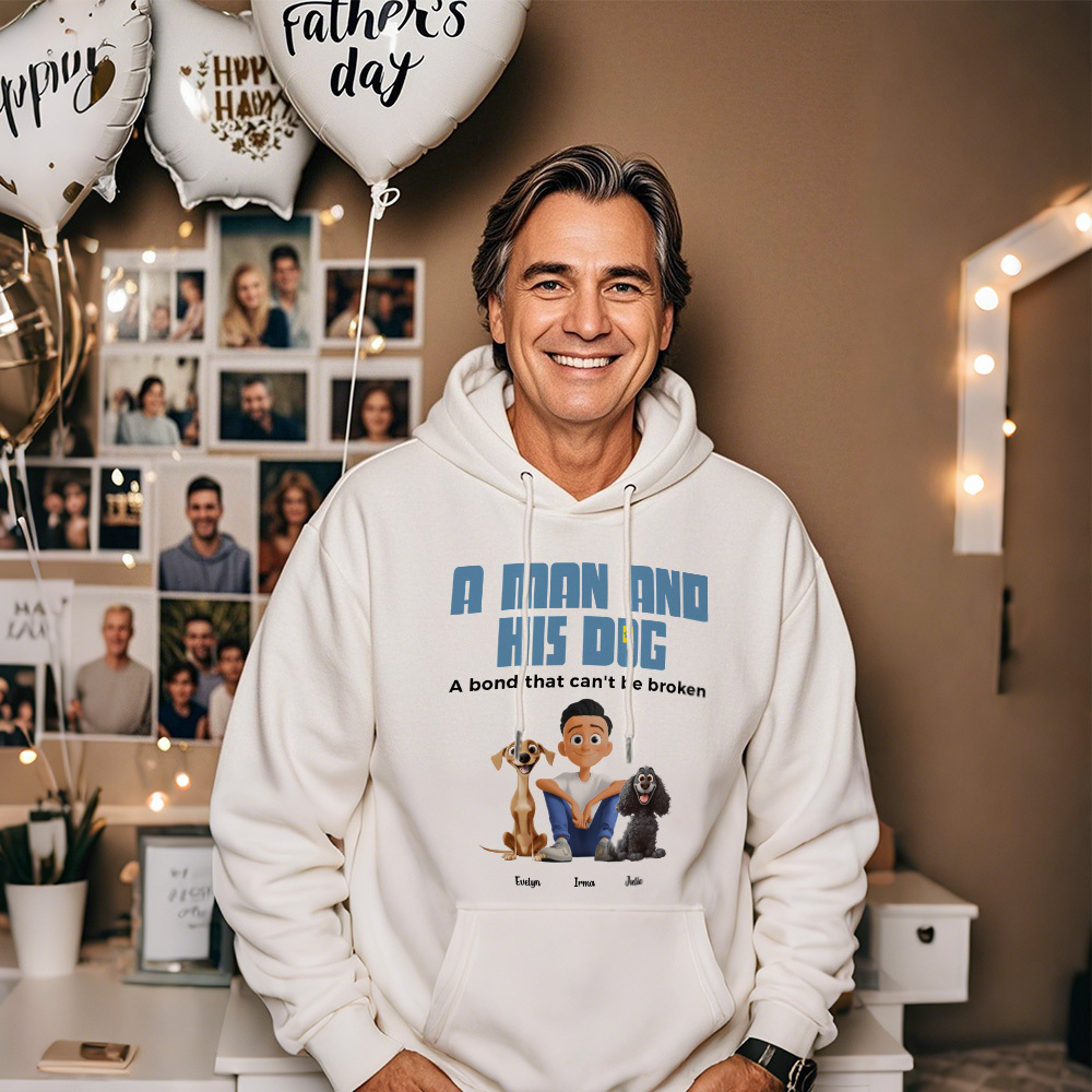 Ein Mann Und Seine Hunde - Personalisierter Cartoon Hoodie Bedeutungsvoller Name Vatertag Sweatshirt - MyFaceSocksDE
