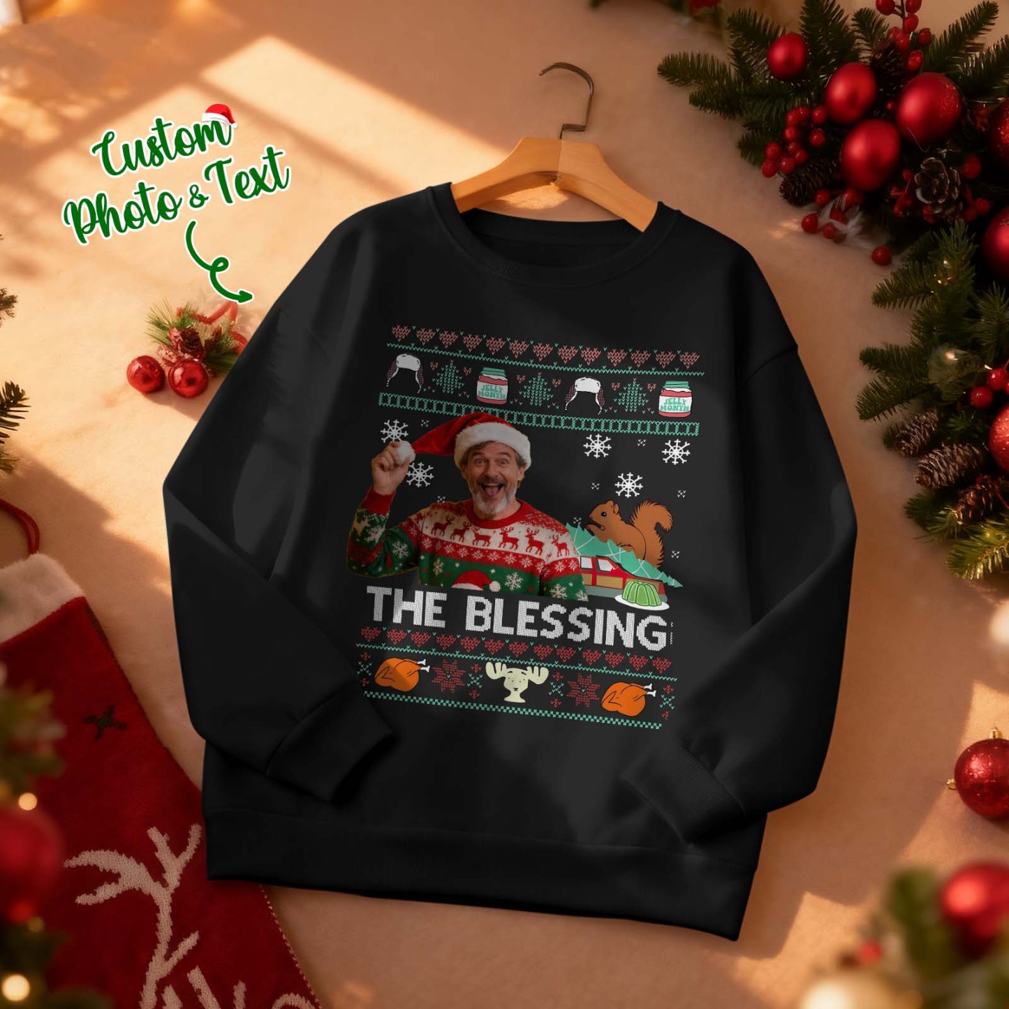 Personalisierter Rundhals-hoodie Mit Gesichtsmotiv, Personalisiertes Weihnachts-sweatshirt „the Blessing" – Erinnerungsgeschenk - MyFaceSocksDE