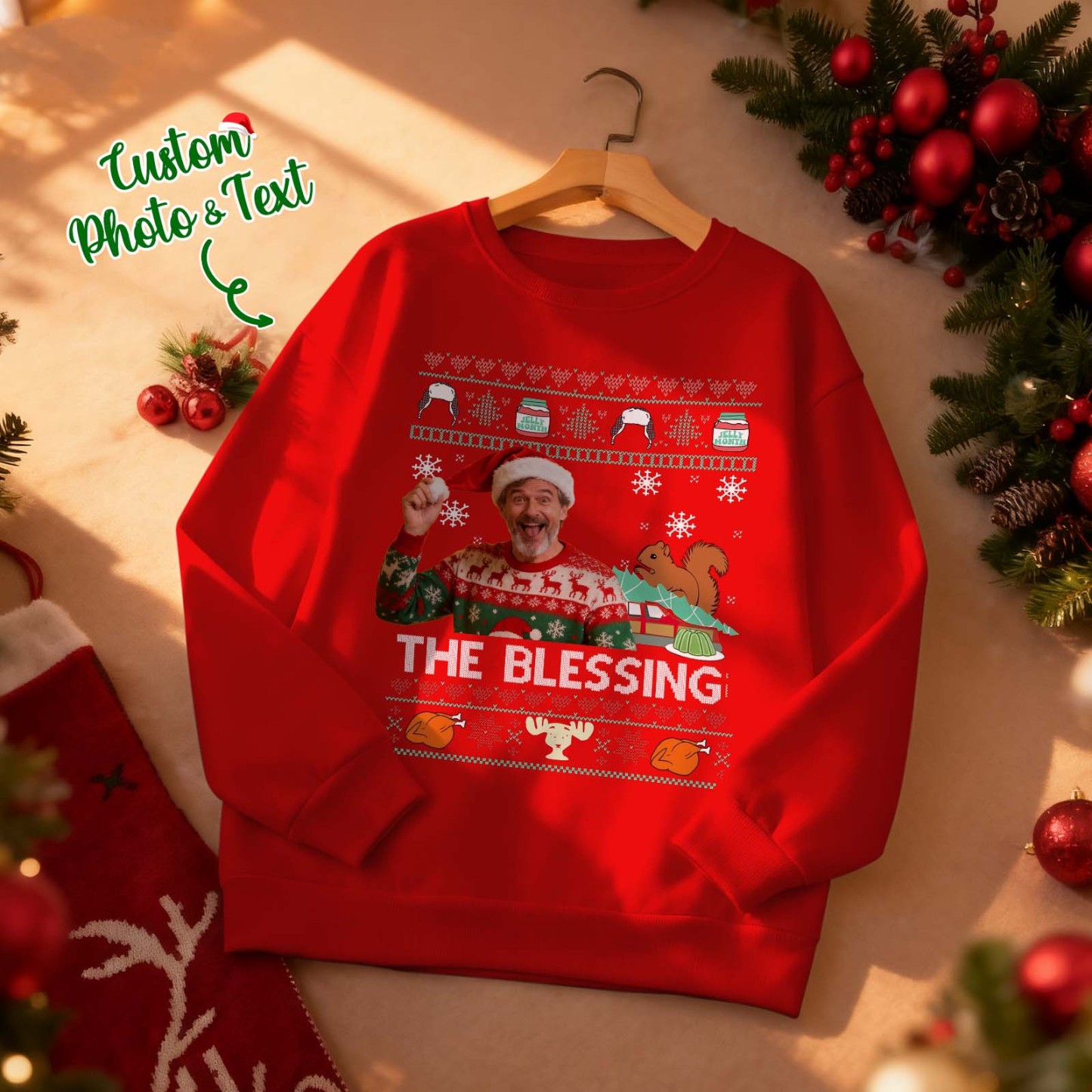 Personalisierter Rundhals-hoodie Mit Gesichtsmotiv, Personalisiertes Weihnachts-sweatshirt „the Blessing" – Erinnerungsgeschenk - MyFaceSocksDE