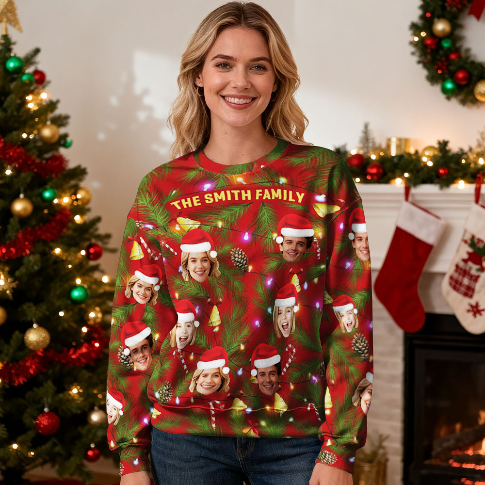 Personalisierter Hoodie Mit Rundhalsausschnitt Und Individuellem Foto Als Geschenk Für Die Familie – Weihnachtspullover Mit Lichterketten - MyFaceSocksDE