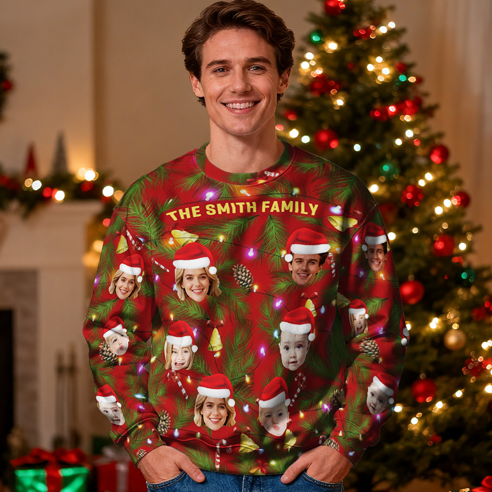 Personalisierter Rundhals-hoodie Mit Gesichtsmotiven, Familien-hoodie Mit Mehreren Gesichtsmotiven, Personalisiertes Fotogeschenk Für Die Familie, Weihnachtspullover Mit Lichterketten - MyFaceSocksDE