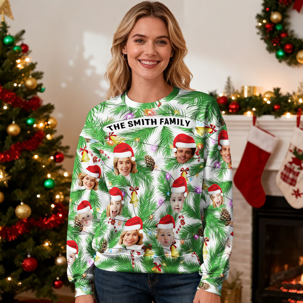Personalisierter Hoodie Mit Rundhalsausschnitt Und Individuellem Foto Als Geschenk Für Die Familie – Weihnachtspullover Mit Lichterketten - MyFaceSocksDE
