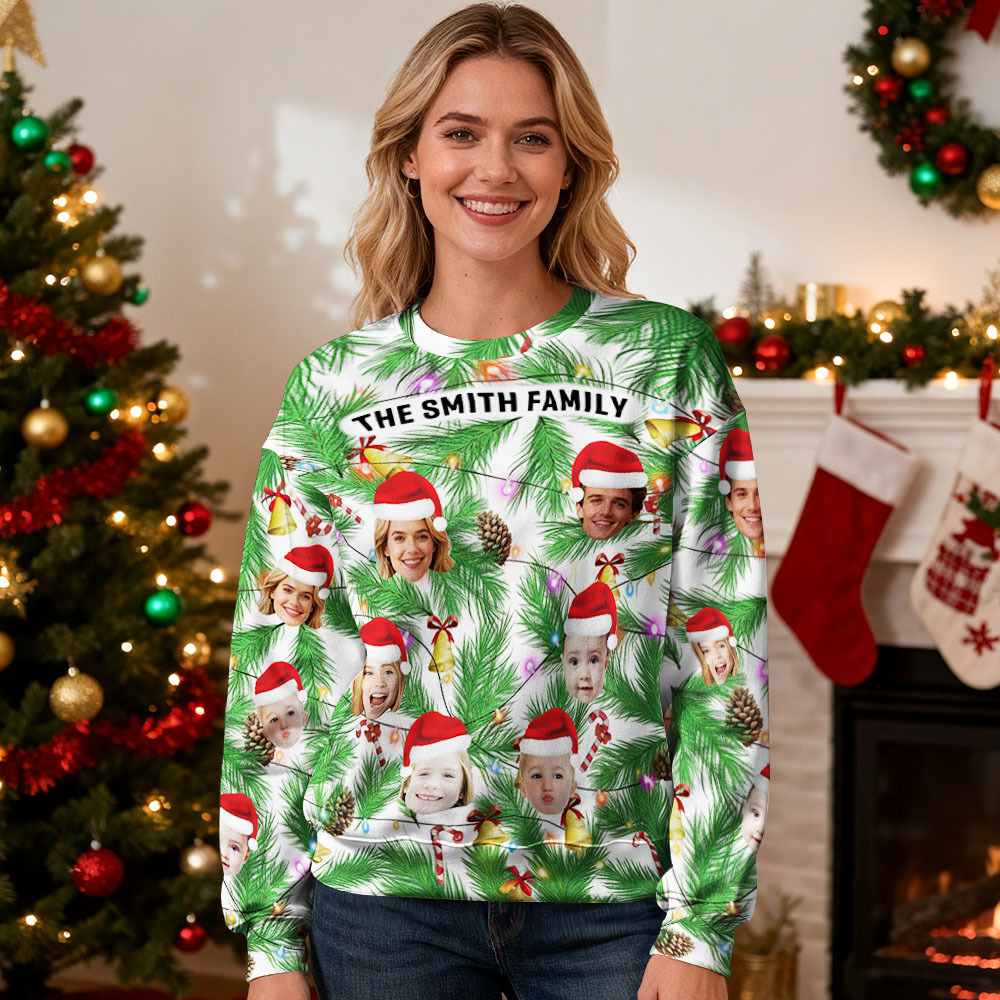 Personalisierter Hoodie Mit Rundhalsausschnitt Und Individuellem Foto Als Geschenk Für Die Familie – Weihnachtspullover Mit Lichterketten - MyFaceSocksDE