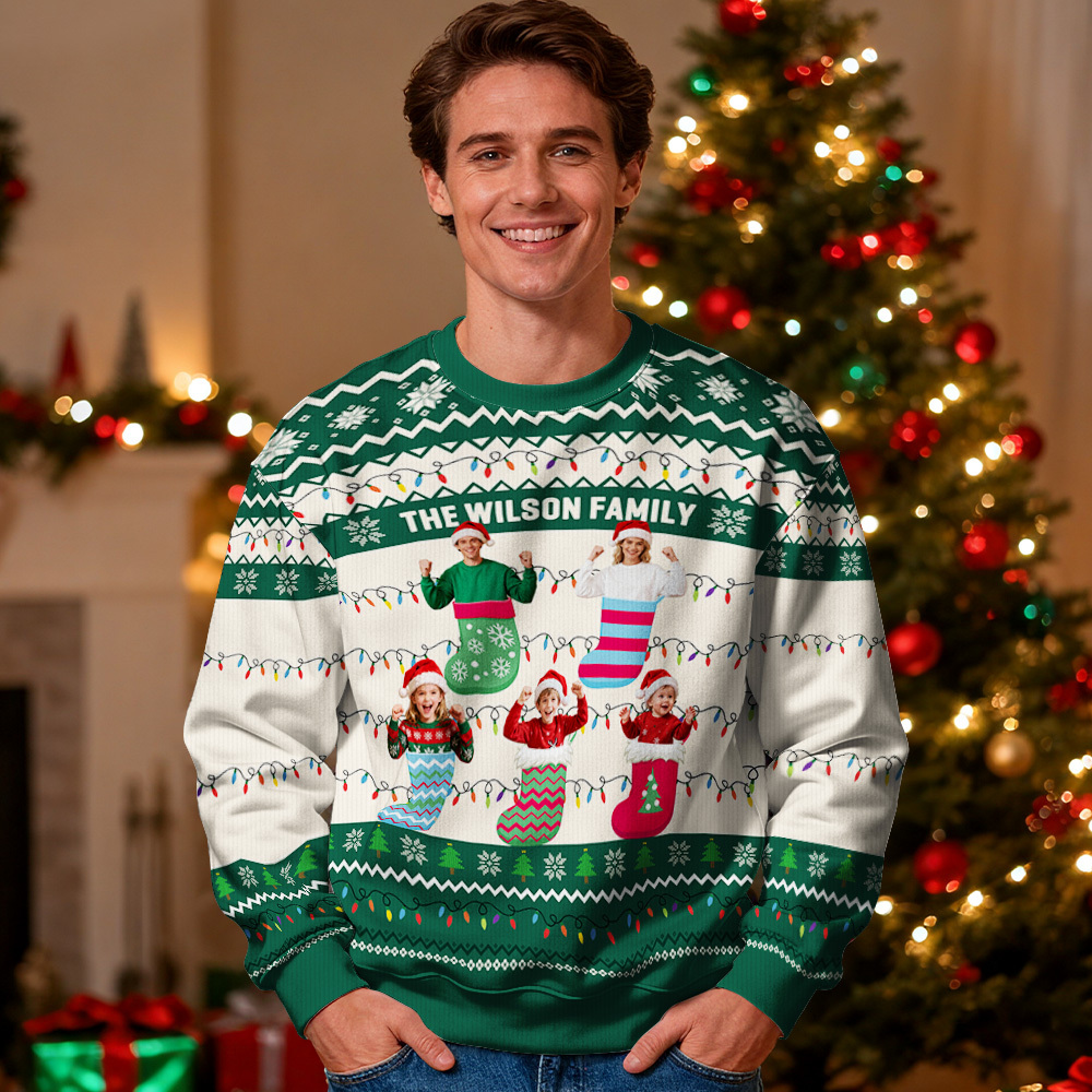 Benutzerdefiniertes Gesicht Rundhals-kapuzenpullover, Personalisiertes Foto, Weihnachtsgeschenke Für Die Familie, Hässlicher Pullover, Weihnachts-leds, Unisex-kapuzenpullover - MyFaceSocksDE