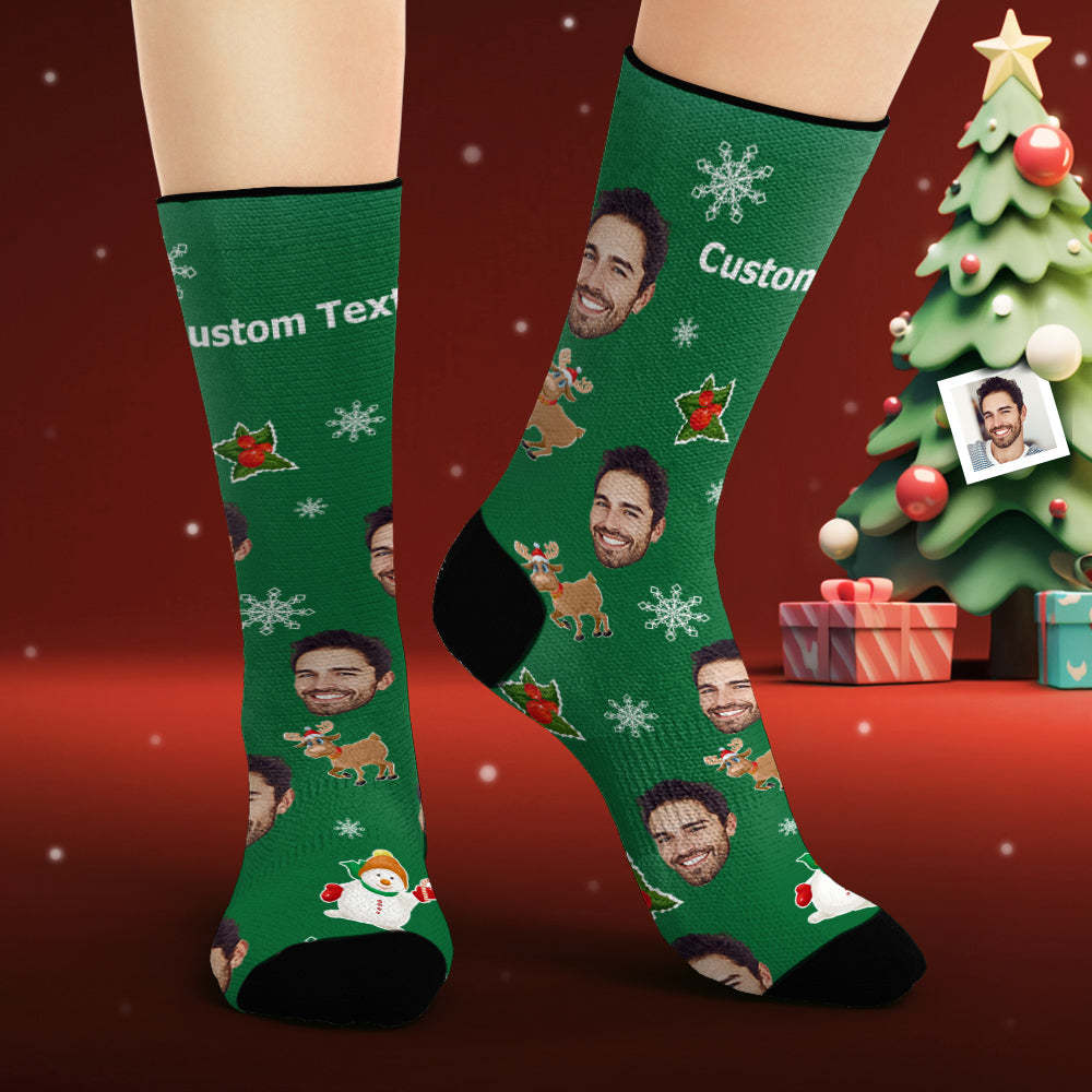 Benutzerdefinierte Gesichtssocken, Personalisiertes Foto, Grüne Socken, Niedliche Weihnachtselemente, Weihnachtsgeschenke - GesichtSocken