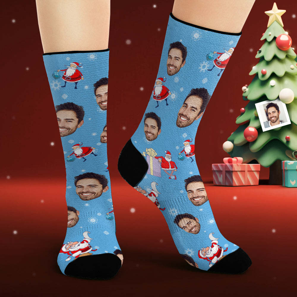 Benutzerdefinierte Gesichtssocken, Personalisiertes Foto, Lila Socken, Weihnachtsmann Mit Geschenken - GesichtSocken